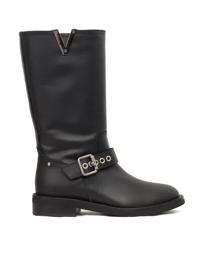 Shop Via Roma 15 Buckles V Nickel Biker Boots In Black