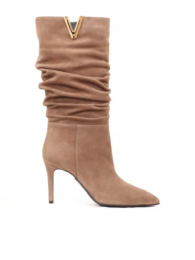 Via Roma 15 Golden V + Stiletto Heel Boots In Red