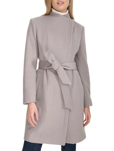 Cole Haan Belted Wool Blend Coat In Fog