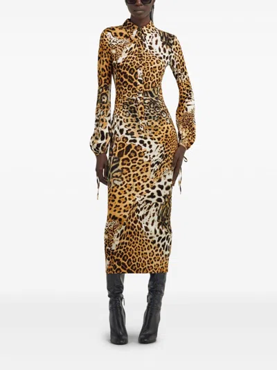Roberto Cavalli Leopard-print Midi Dress In Brown
