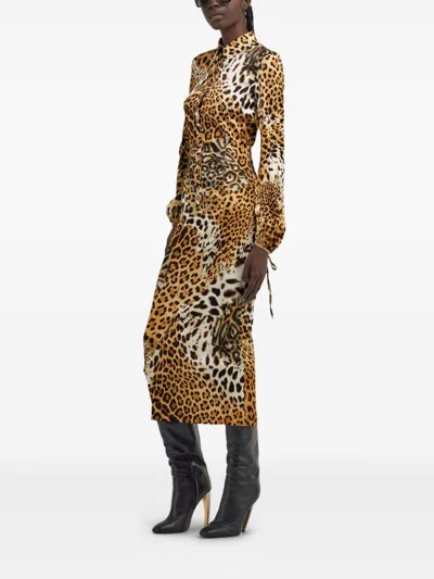 Roberto Cavalli Leopard-print Midi Dress In Brown