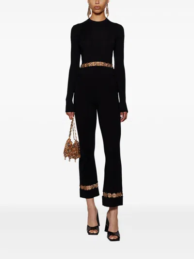 Rabanne Womens Black Plaque-embellished Flared-leg High-rise Wool-blend Knit Trousers In Black