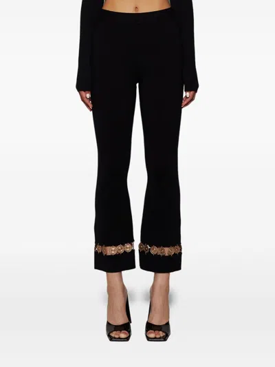 Rabanne Womens Black Plaque-embellished Flared-leg High-rise Wool-blend Knit Trousers In Black