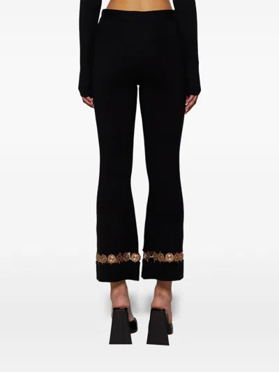 Rabanne Womens Black Plaque-embellished Flared-leg High-rise Wool-blend Knit Trousers In Black