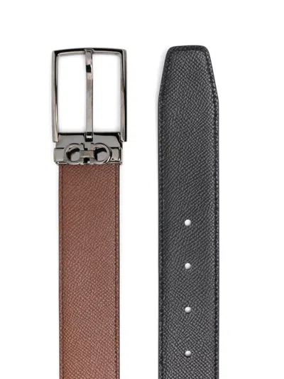 Ferragamo Stamped Leather Reversible Gancini Belt In Brown