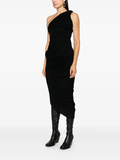 Rick Owens Lido Draped Cotton Asymmetric Midi Dress In Black