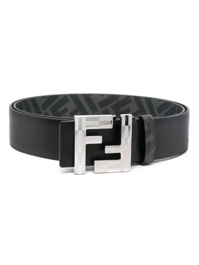Fendi Cintura Reversibile In Pelle Nera E Tela Ff Nera In Black
