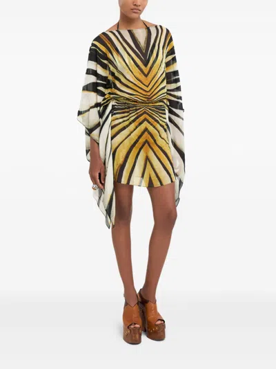 Roberto Cavalli Ray Of Gold Print Chiffon Silk Dress In Gold