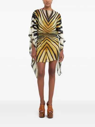 Roberto Cavalli Ray Of Gold Print Chiffon Silk Dress In Gold