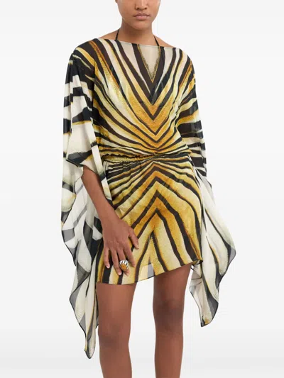 Roberto Cavalli Ray Of Gold Print Chiffon Silk Dress In Gold