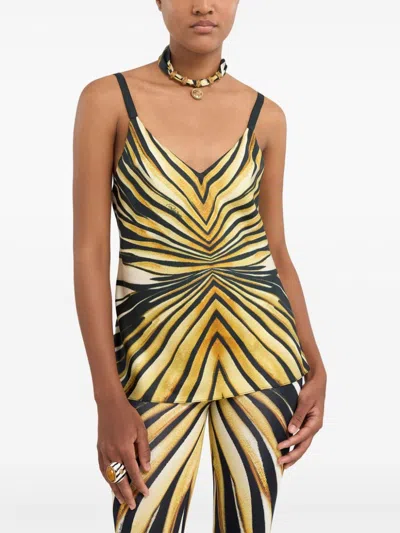 Roberto Cavalli Ray Of Gold Print Silk Top In Gold