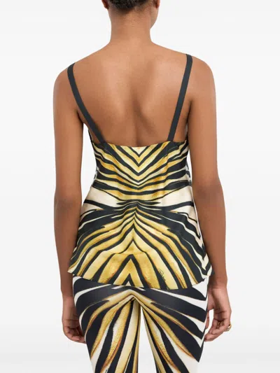 Roberto Cavalli Ray Of Gold Print Silk Top In Gold