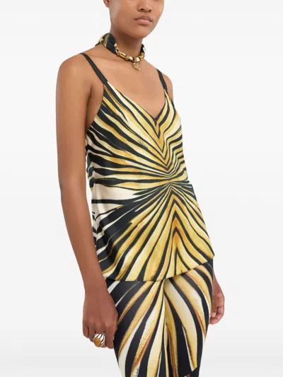 Roberto Cavalli Ray Of Gold Print Silk Top In Gold