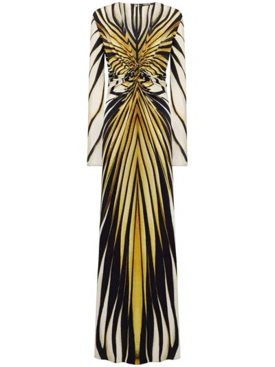 Roberto Cavalli Knee Length Dress With V-neckline And Bold Print In Gold