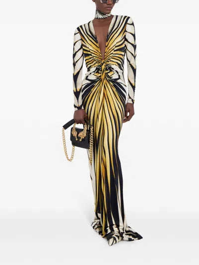 Roberto Cavalli Knee Length Dress With V-neckline And Bold Print In Gold