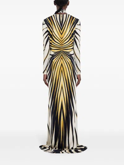 Roberto Cavalli Knee Length Dress With V-neckline And Bold Print In Gold