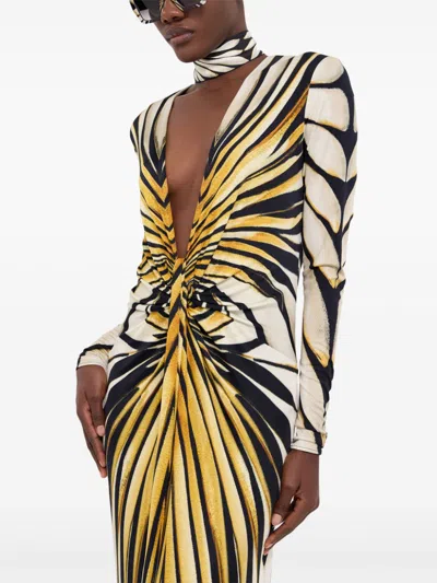Roberto Cavalli Knee Length Dress With V-neckline And Bold Print In Gold