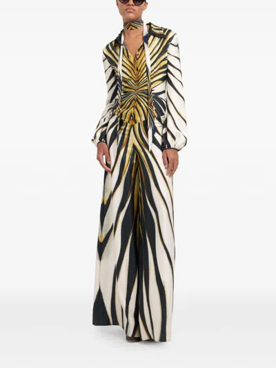 Roberto Cavalli Ray Of Gold Print Silk Jumpsuit In Neutrals