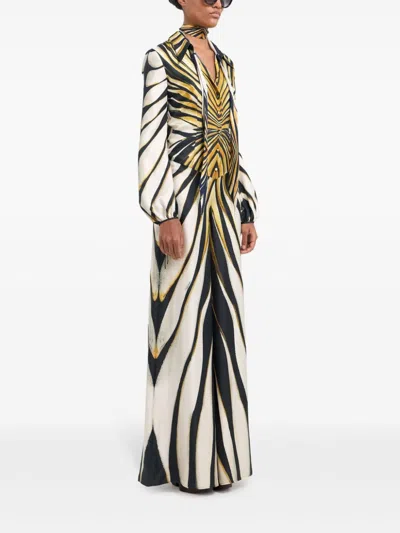 Roberto Cavalli Ray Of Gold Print Silk Jumpsuit In Neutrals