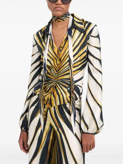 Roberto Cavalli Ray Of Gold Print Silk Jumpsuit In Neutrals