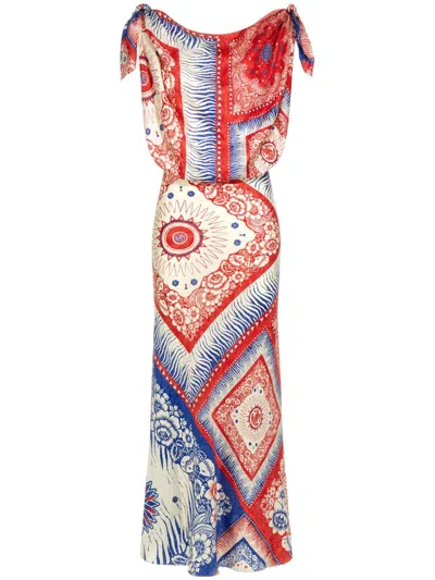 Roberto Cavalli Cowl-neck Graphic-print Silk-stain Maxi Dress In Red