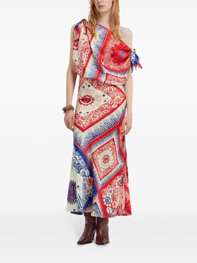 Roberto Cavalli Cowl-neck Graphic-print Silk-stain Maxi Dress In Red