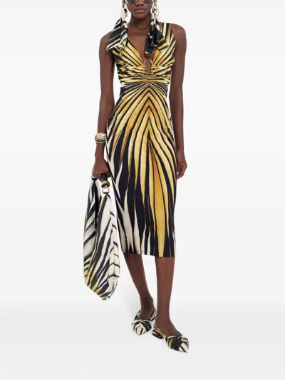 Roberto Cavalli Ray Of Gold Printed Silk Twill Dress In Gold
