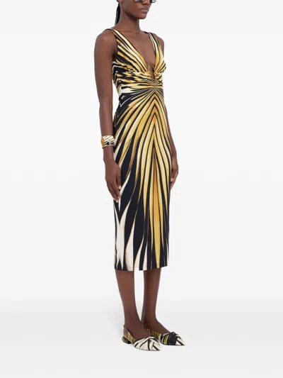 Roberto Cavalli Ray Of Gold Printed Silk Twill Dress In Gold