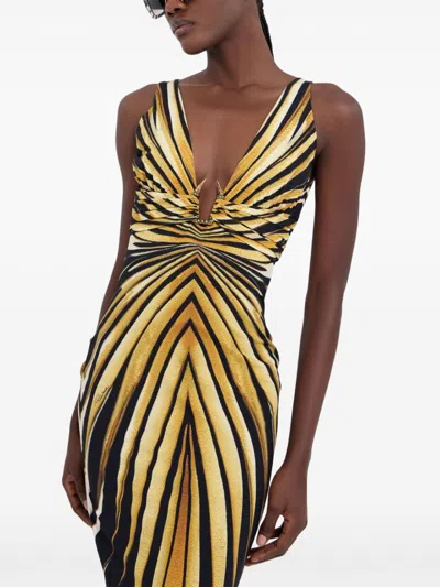 Roberto Cavalli Ray Of Gold Printed Silk Twill Dress In Gold