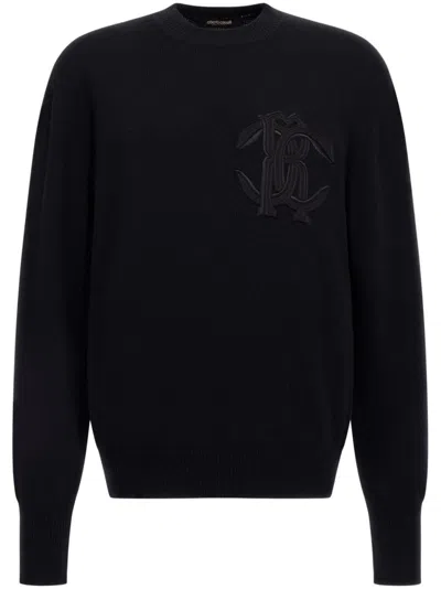 Shop Roberto Cavalli Logo-embroidered Wool Sweatshirt In Black