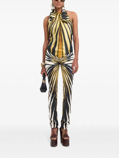 Roberto Cavalli Ray Of Gold Print Halterneck Silk Top In Gold