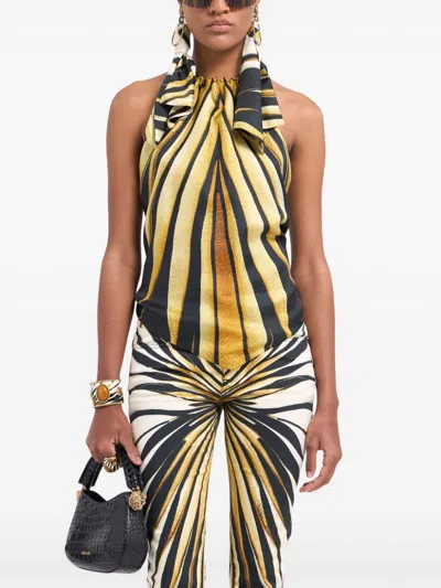 Roberto Cavalli Ray Of Gold Print Halterneck Silk Top In Gold