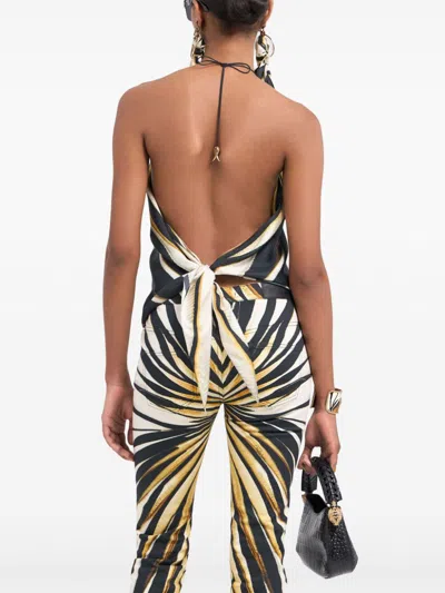 Roberto Cavalli Ray Of Gold Print Halterneck Silk Top In Gold