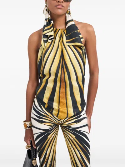 Roberto Cavalli Ray Of Gold Print Halterneck Silk Top In Gold