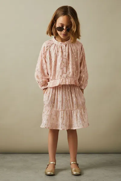 Reiss Pink Junior Metallic Print Flounced Hem Skirt In Pink