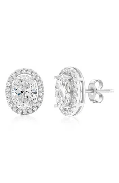Simona Halo Oval Cut Cubic Zirconia Stud Earrings In Silver