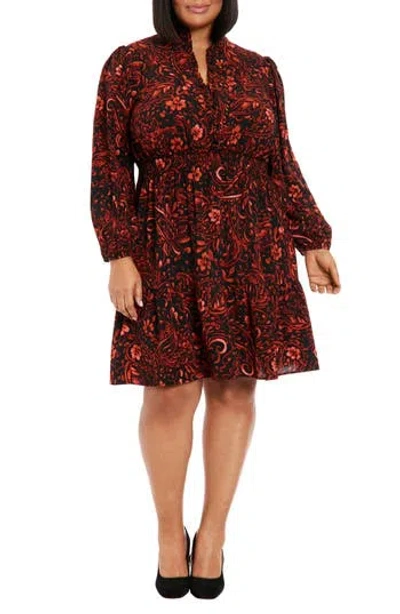 London Times Plus Size Long-sleeve Printed Chiffon Dress In Black/spice