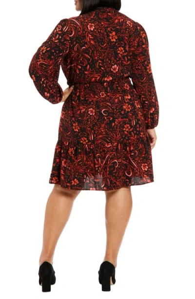 London Times Plus Size Long-sleeve Printed Chiffon Dress In Black/spice
