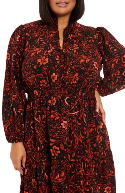 London Times Plus Size Long-sleeve Printed Chiffon Dress In Black/spice