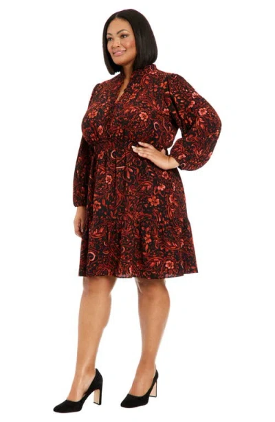 London Times Plus Size Long-sleeve Printed Chiffon Dress In Black/spice