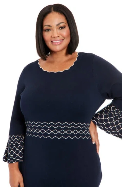 London Times Piped Bell Sleeve Sweater Dress In Navy