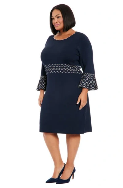 London Times Piped Bell Sleeve Sweater Dress In Navy