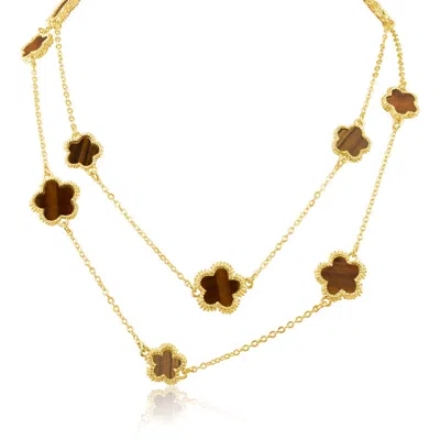Jardin Enamel Clover Station Long Necklace In Tiger Eye/gold