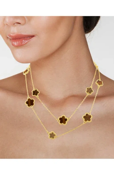 Jardin Enamel Clover Station Long Necklace In Tiger Eye/gold