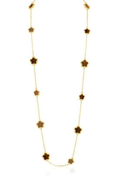Jardin Enamel Clover Station Long Necklace In Tiger Eye/gold