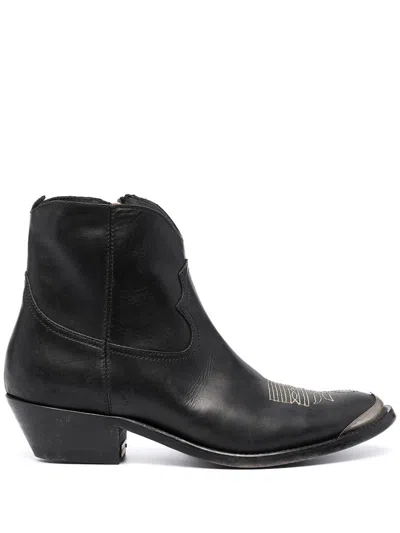 Golden Goose Young Ankle Boots In Leather With Cowboy-style Decoration In Black