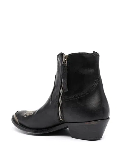 Golden Goose Young Ankle Boots In Leather With Cowboy-style Decoration In Black