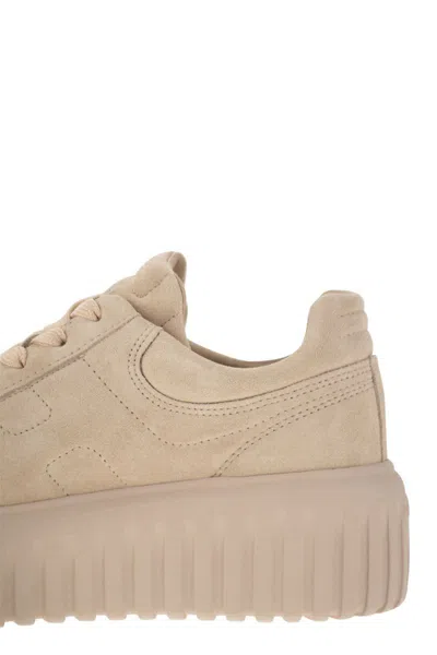 Hogan Suede H-stripes Sneakers With Memory Foam Cushioning In Neutral