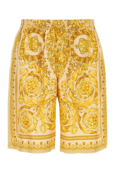 Versace Golden Barocco Print Silk Shorts In Beige