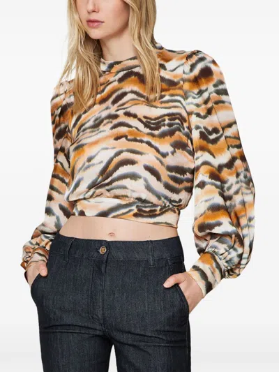 Twinset Tiger-print Cropped Blouse In 褐色
